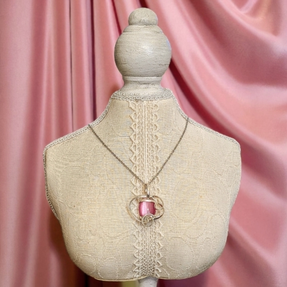 Pink Semi-Precious Wrapped Gemstone On 18" Stainless Steel Rope Chain - Picture 2 of 5